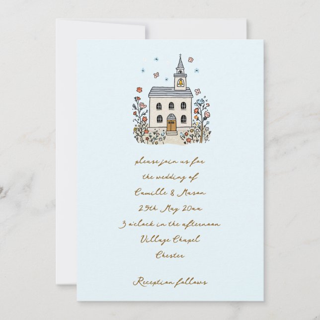 Invitación Capilla caprichosa azul doodle boda (Anverso)