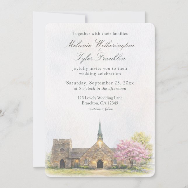 Invitación Capilla de Piedra de Acuarela Foto de Boda de Prim (Anverso)
