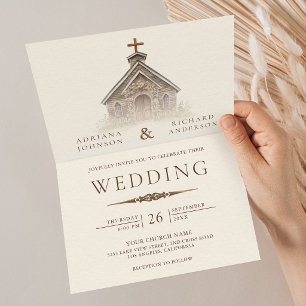 Invitación Capilla Occidental de Madera Rústica Todo en Uno p