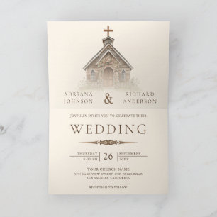 Invitación Capilla Occidental de Madera Rústica Todo en Uno p
