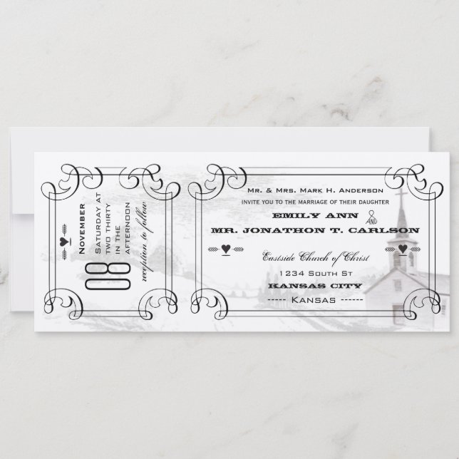 Invitación Capilla romántica País Boda de boletos de carreter (Anverso)