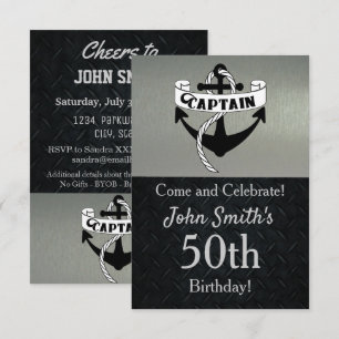 Invitación Capitán Anchor Vela Cumpleaños Plateado Negro