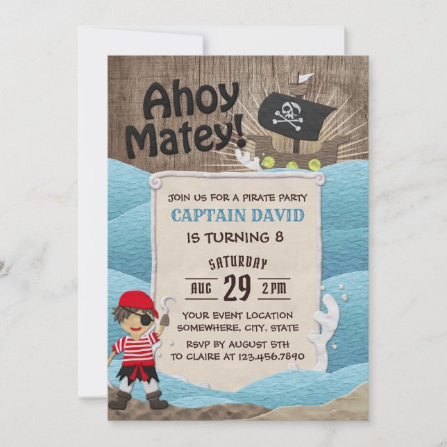 Invitación Capitán del Pirata Ahoy Boy 8 cumpleaños (Anverso)