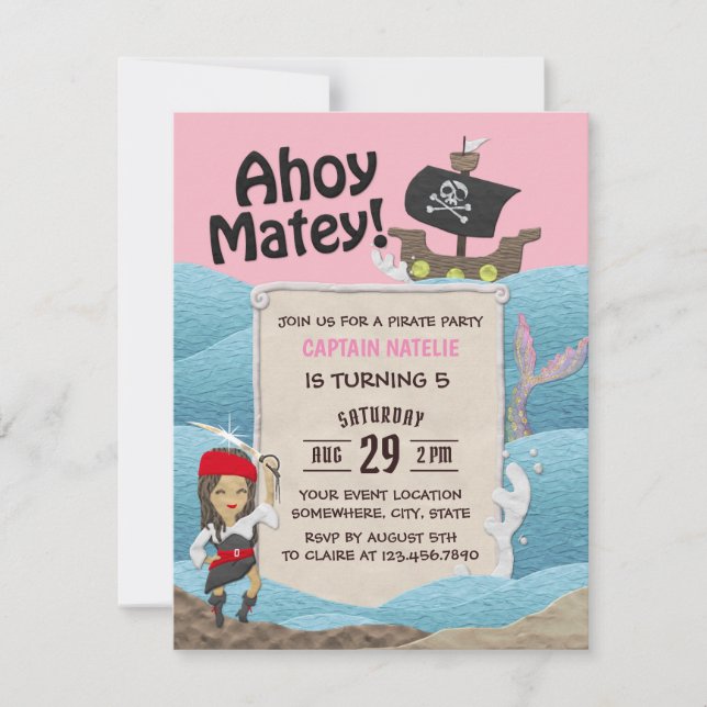 Invitación Capitán del tema del pirata Chica Fiesta de cumple (Anverso)