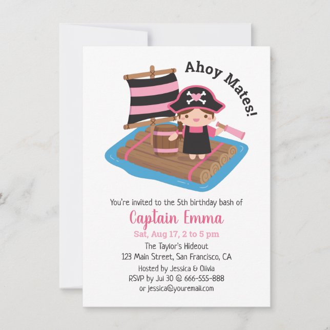 Invitación Capitán Pirata Cute Chica Raft Kid Cumpleaños Part (Anverso)