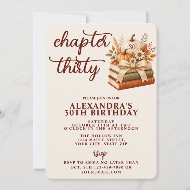Invitación Capítulo 30 Cumpleaños 30 Otoño Calabaza Librera (Anverso)