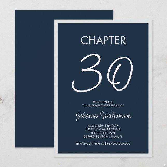 Invitación Capítulo 30 Fiesta de cumpleaños número 30 Navy Bl (Anverso / Reverso)