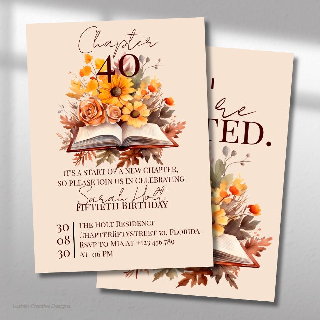 Invitación Capítulo 40 Cumpleaños – Libro Abierto con Flores  (Subido por el creador)