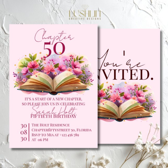 Invitación Capítulo 50 Cumpleaños – Libro Abierto con Flores  (Subido por el creador)