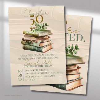 Invitación Capítulo 50 Cumpleaños | Libros Apilados y Hojas
