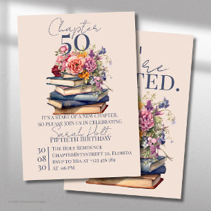 Invitación Capítulo 50 Cumpleaños Pilas de Libros con Flores