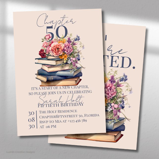 Invitación Capítulo 50 Cumpleaños Pilas de Libros con Flores (Subido por el creador)