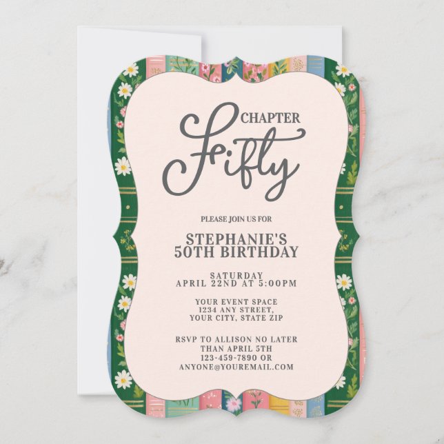 Invitación Capítulo Cincuenta Libro Floral Temático Cumpleaño (Anverso)
