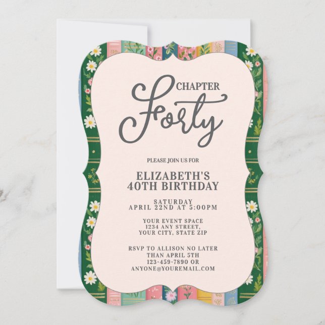 Invitación Capítulo Cuarenta Cumpleaños Temático Libro Floral (Anverso)