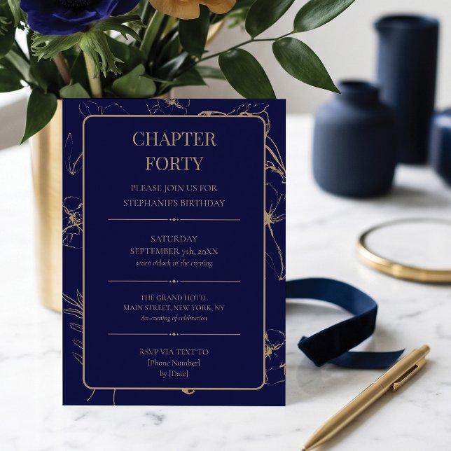Invitación Capítulo Cuarenta Navy y Oro 40 Cumpleaños (Chapter 40 begins! ✨ Let's celebrate in style. 🥂)