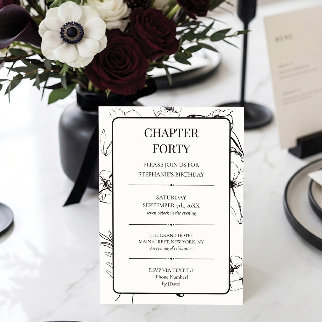 Invitación Capítulo Cuarenta Negro y Blanco Cumpleaños 40 (Ready for Chapter 40? ✨ Celebrating in style! 🥂)
