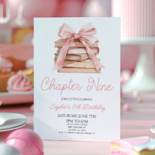 Invitación Capítulo Nueve Libros con Lazo Rosa Fiesta de Cump
