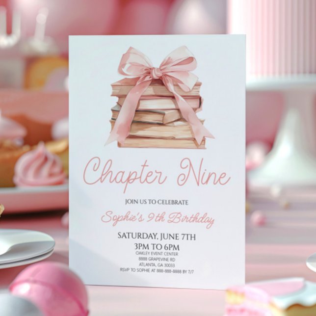 Invitación Capítulo Nueve Libros con Lazo Rosa Fiesta de Cump (Subido por el creador)