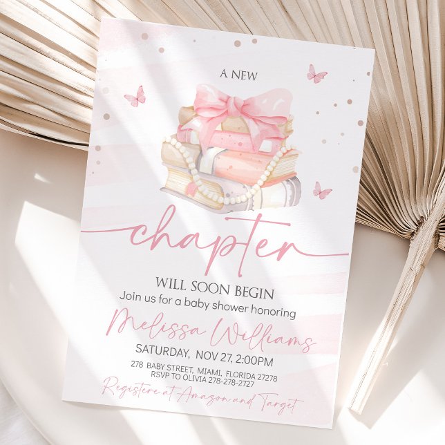 Invitación Capítulo Nuevo Baby Shower de flores silvestres de (A soft pink baby shower invitation with wildflowers, an elegant pink satin bow, and the phrase "A Ne)