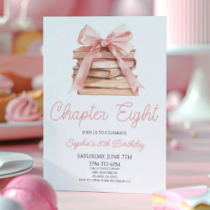 Invitación Capítulo Ocho Libros de Lazo Rosa Fiesta de Cumple
