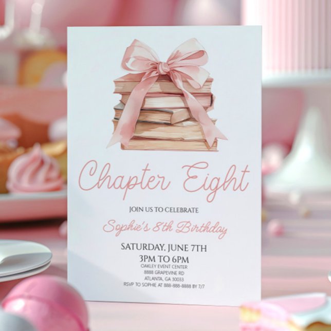 Invitación Capítulo Ocho Libros de Lazo Rosa Fiesta de Cumple (Subido por el creador)