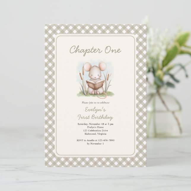 Invitación Capítulo uno de acuarela del bosque cumpleaños 1º (Anverso de pie)