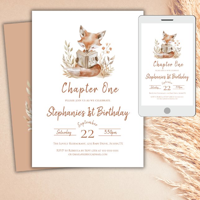 Invitación Capítulo Uno Fox leyendo un libro Fiesta de cumple (Subido por el creador)