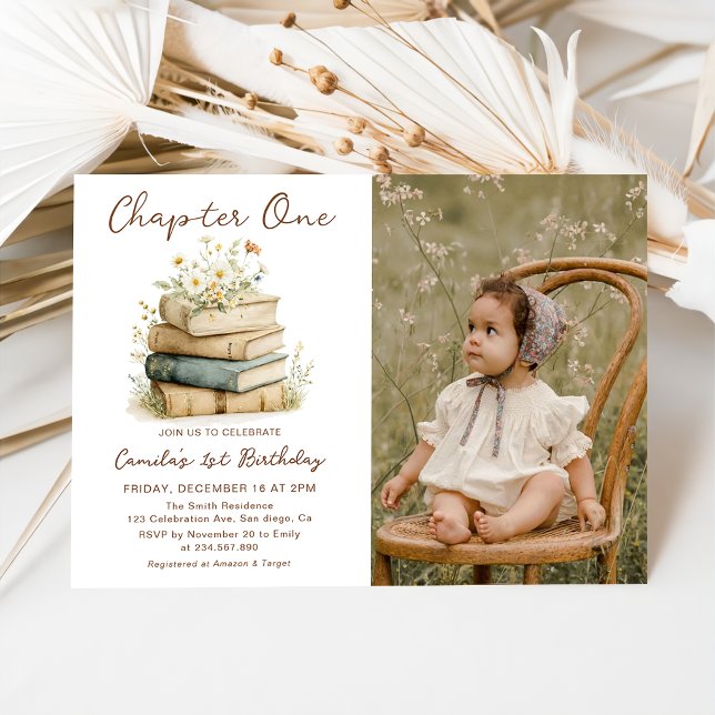 Invitación Capítulo Uno Libros Florales Foto de cumpleaños nú (Subido por el creador)