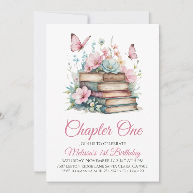 Invitación Capítulo Uno Primer libro Chica Tema Primer cumple (Anverso)