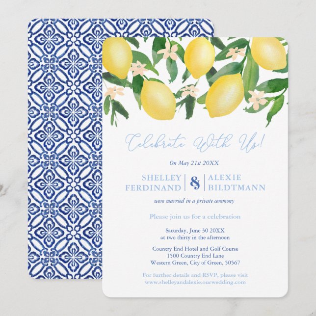 Invitación Capri Lemons Blue Tiles Celebración del Boda Post (Anverso / Reverso)