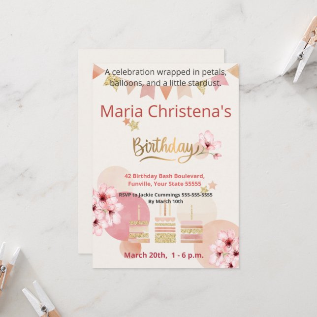 Invitación Caprichos y Deseos Cumpleaños Globo Flor de Cerezo (Anverso/Reverso In Situ)