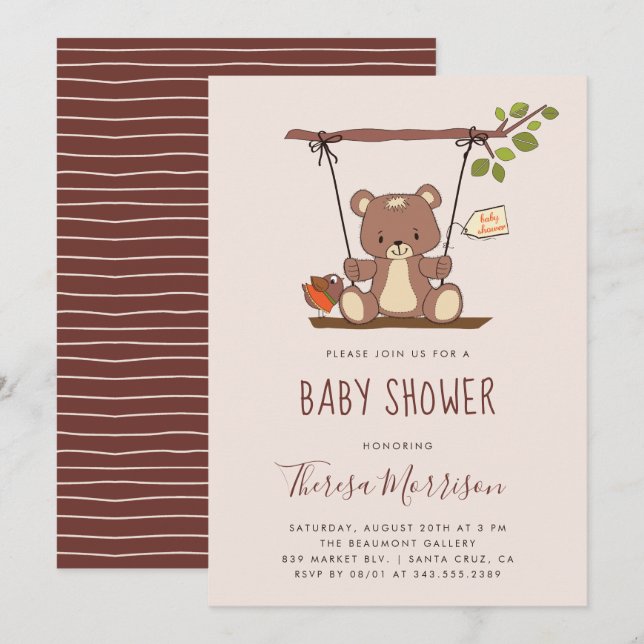 Invitación caprichosa de Baby Shower del oso de (Anverso / Reverso)