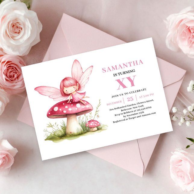Invitación caprichosa de cumpleaños de niña hada l (Cute Fairy Girl Birthday Pink Whimsical invitation)