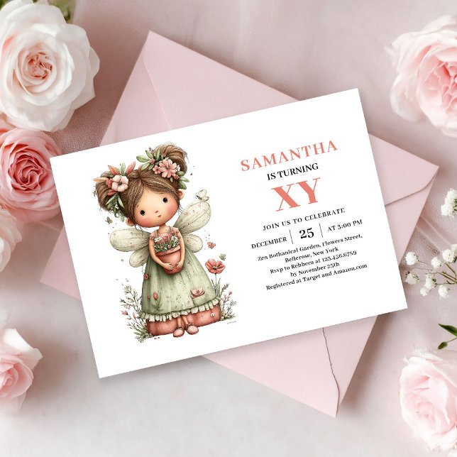 Invitación caprichosa de cumpleaños de niña hada r (Whimsical Fairy Girl Birthday Blush Pink invitation)