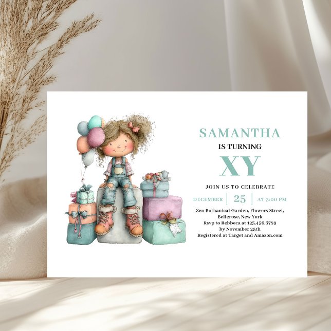 Invitación caprichosa de cumpleaños número 7 de ni (Cute Girl 7th Birthday Purple Green Whimsy invitation)