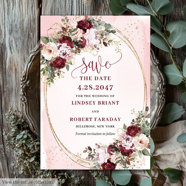 Invitación Caprichosa Fecha Floral Boho Burgundy Rubor Oro (Whimsical Boho Burgundy Blush Gold Floral Date)