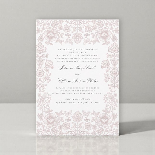 Invitación Caprichosa Flor de Pájaro Damask en Rosa Suave Bod (Subido por el creador)