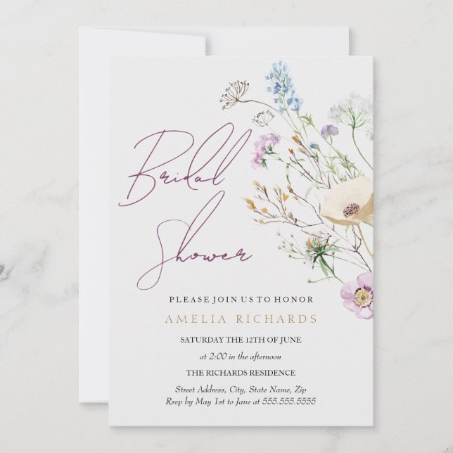 Invitación caprichosa Flor silvestre Bridal Shower (Anverso)