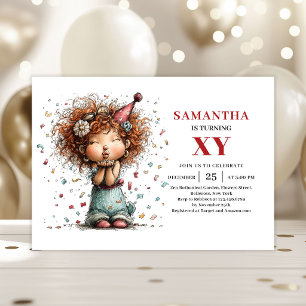 Invitación Caprichosa Niña Pequeña Lindo Cumpleaños Colorido
