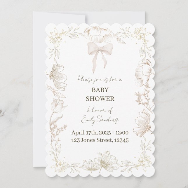 Invitación caprichosa para baby shower floral de D (Anverso)