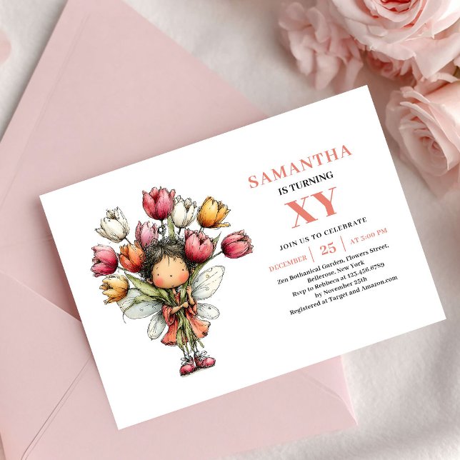 Invitación caprichosa rosa para el octavo cumpleañ (Fairy Girl 8th Birthday Whimsical Pink invitation)