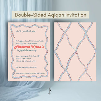 Invitación Caprichosas ondas de Rosa Rubor y Azul Suave Aqiqa