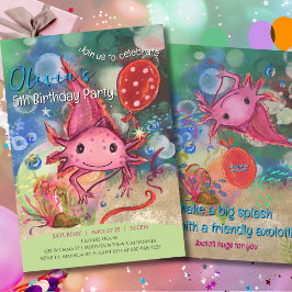 Invitación Caprichoso Ajolote Rosa Acuarela Niños Lindos