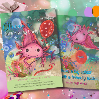 Invitación Caprichoso Ajolote Rosa Acuarela Niños Lindos