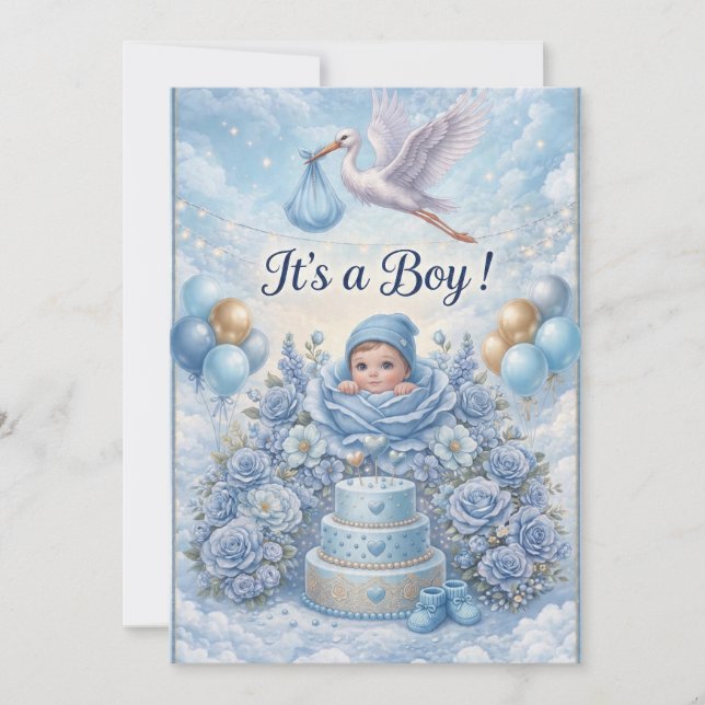 Invitación Caprichoso Baby Shower de Es un Niño Cigüeña (Anverso)