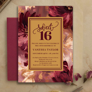 Invitación Caprichoso Boho Dulces Dieciséis Burgundy Rubor Fl