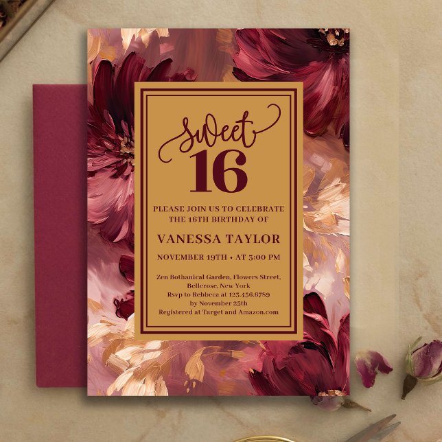 Invitación Caprichoso Boho Dulces Dieciséis Burgundy Rubor Fl (Whimsical Sweet Sixteen Burgundy Blush Floral Invite)