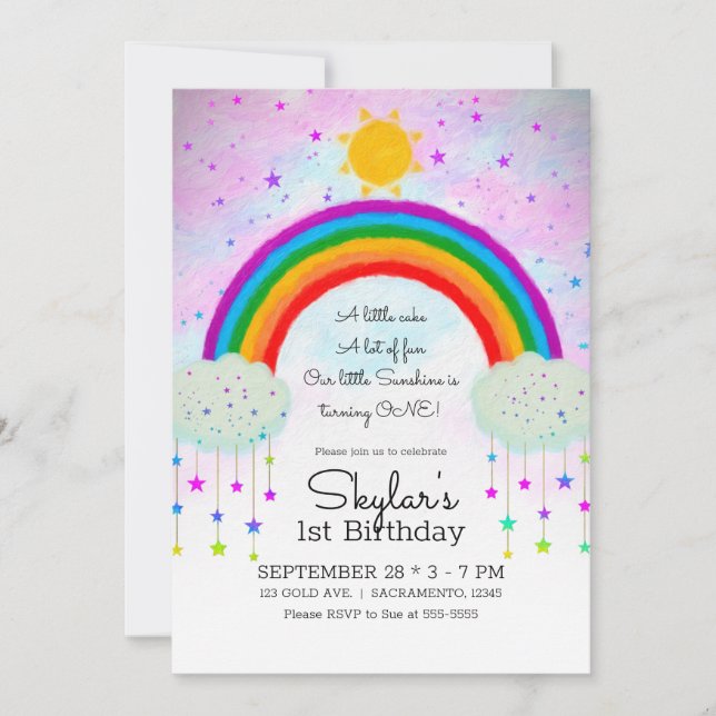 Invitación Caprichoso Cumpleaños 1 Pintado Arcoíris y Estrell (Anverso)