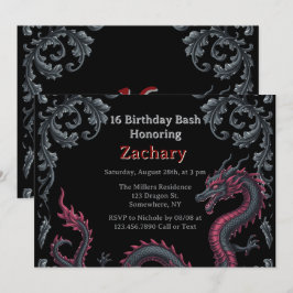 Invitación Caprichoso Dragón Negro Rojo Damask Fiesta de Dulc