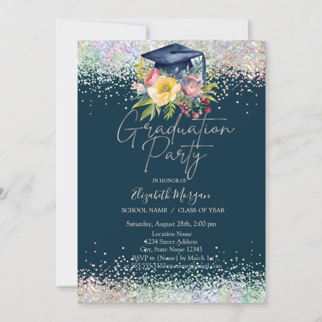 Invitación Cápsula de Grado Floral,Graduación Azul de la Mari (Anverso)